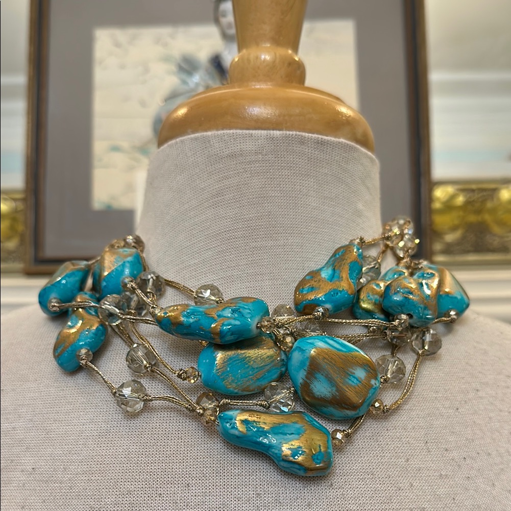 Nwt Fabulous “Gardenia” Turquoise & Gold W/ Crystal Beads Necklace